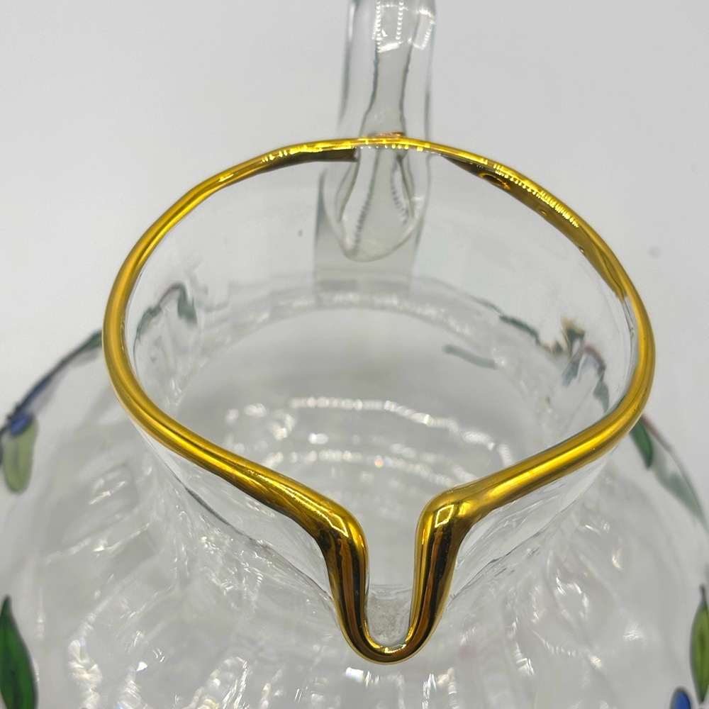 Vtg Fifth Avenue hand painted Romanian crystal 8" fruit floral gold rim pitcher - Picture 8 of 9